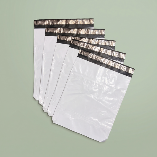 Plain white tamper proof courier bag with adhesive seal