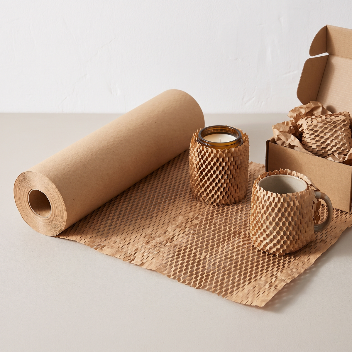 Products wrapped in honeycomb kraft paper wrap